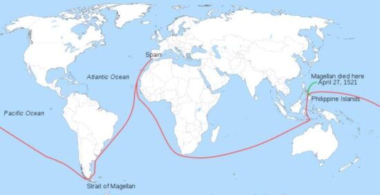 Mapa první cesty kolem světa