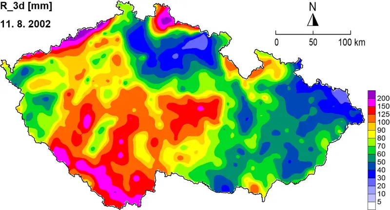 Úhrn srážek v milimetrech na území Česka za tři dny 11. – 13. srpna 2002